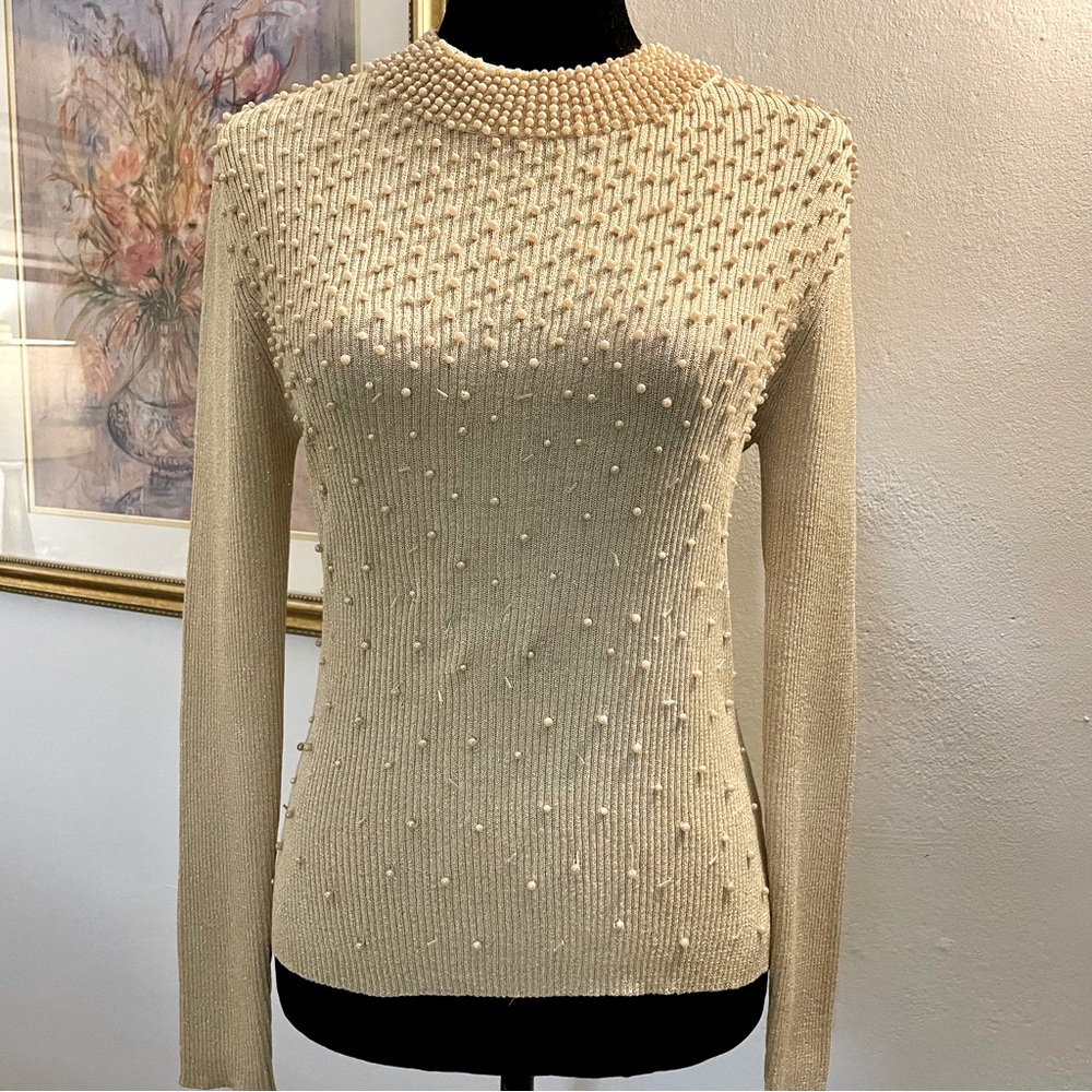 Belldini Light Gold Silk Metallic Sweater with Pearl Accents Stunning -OS ✨✨ - Picture 2 of 9